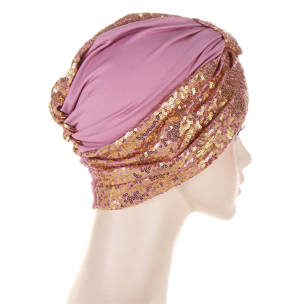 Glitter Sequins Women\'s Turban Caps Muslim Fashion Knot Head Wraps Indian Hat Islamic Headwear Chemo Cap Lady Hair Accessories