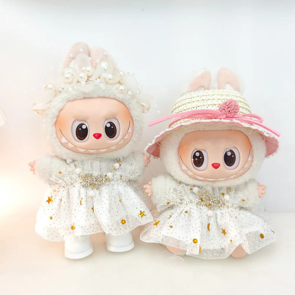 Labubu Clothes For 15-17CM Mini Plush Doll Princess Gauze Dress Blingbling Star Skirt Nacklace Headwear Straw Hat 3PCS/Pack Gift