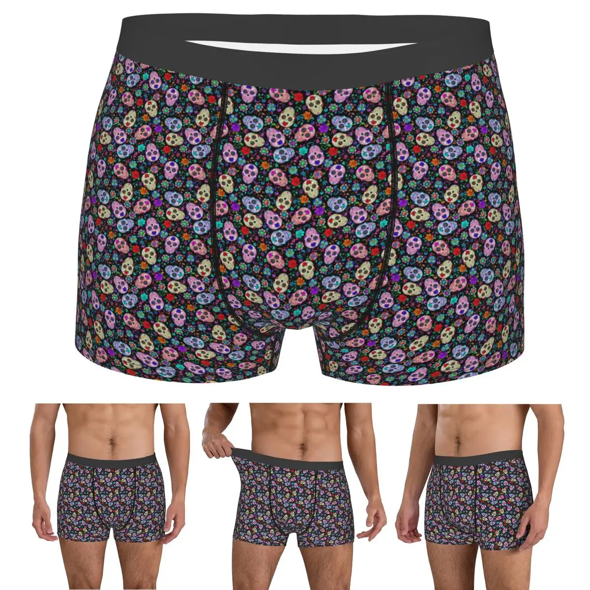 Boxer Underpants Shorts Sugar Skull Mexican Flower Halloween Day Of The Dead Panties Men Soft Underwear for Homme Man Gifts