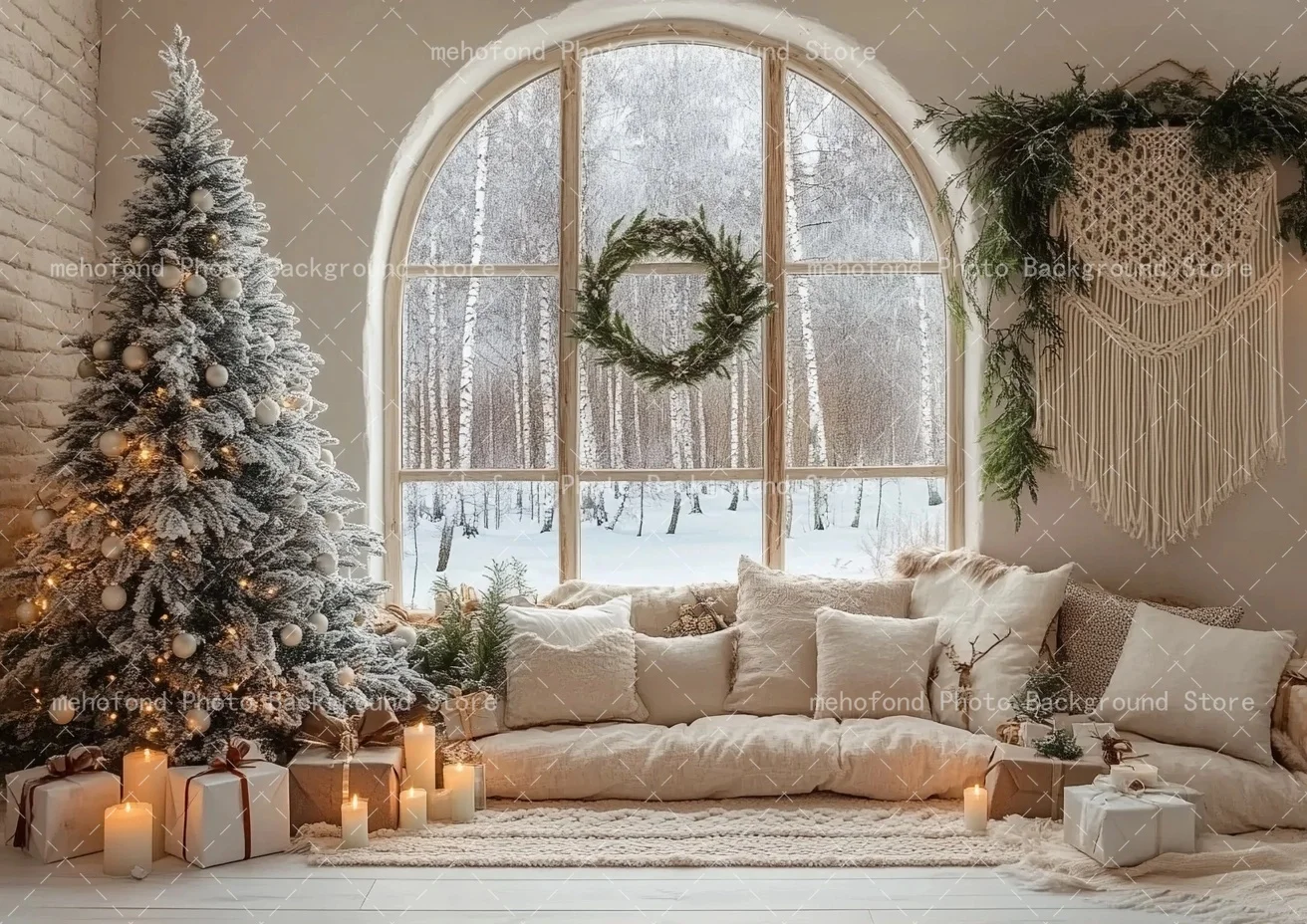 Mehofond Winter Christmas Warm Photography Background Indoor Sofa Christmas Tree Windows Candles Kids Family Photos Studio
