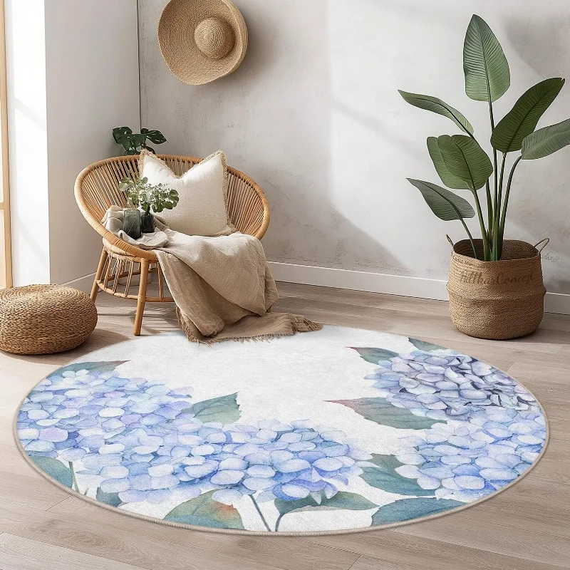 Watercolor Blue Hydrangea Round Carpet Soft Decorative Floor Mat Boho Floral Floor Rug for Living Room Bedroom Daily Home Decor