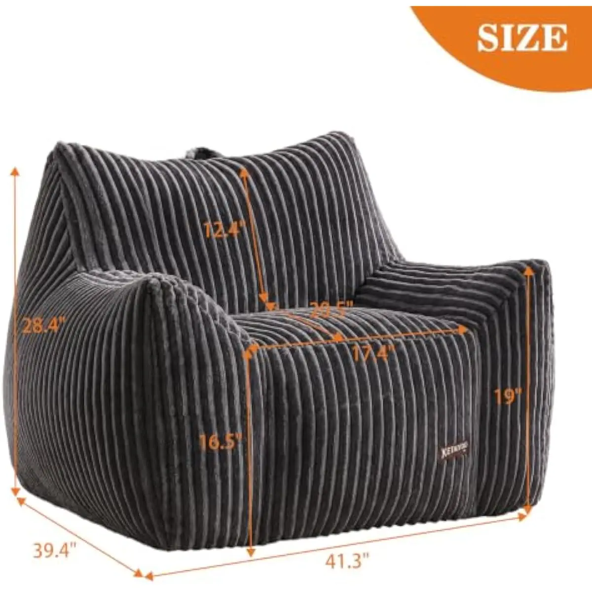 Large 41 Inch Ergonomic Bean Bag Sofa with Vertical Stripe Faux Fur Cover High-Density Foam Fill Supportive Backrest Padded Armr
