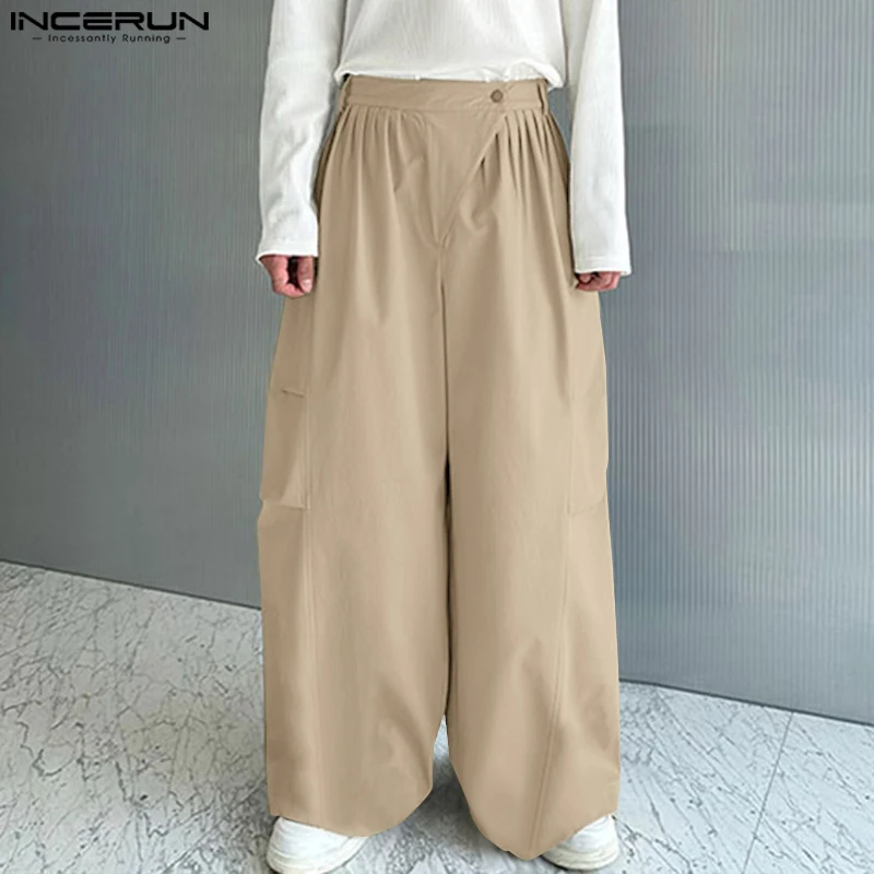 INCERUN 2024 Korean Style Trousers Men\'s Personality Pleated Design Pants Casual Streetwear Male Cargo Wide Leg Pantalons S-5XL