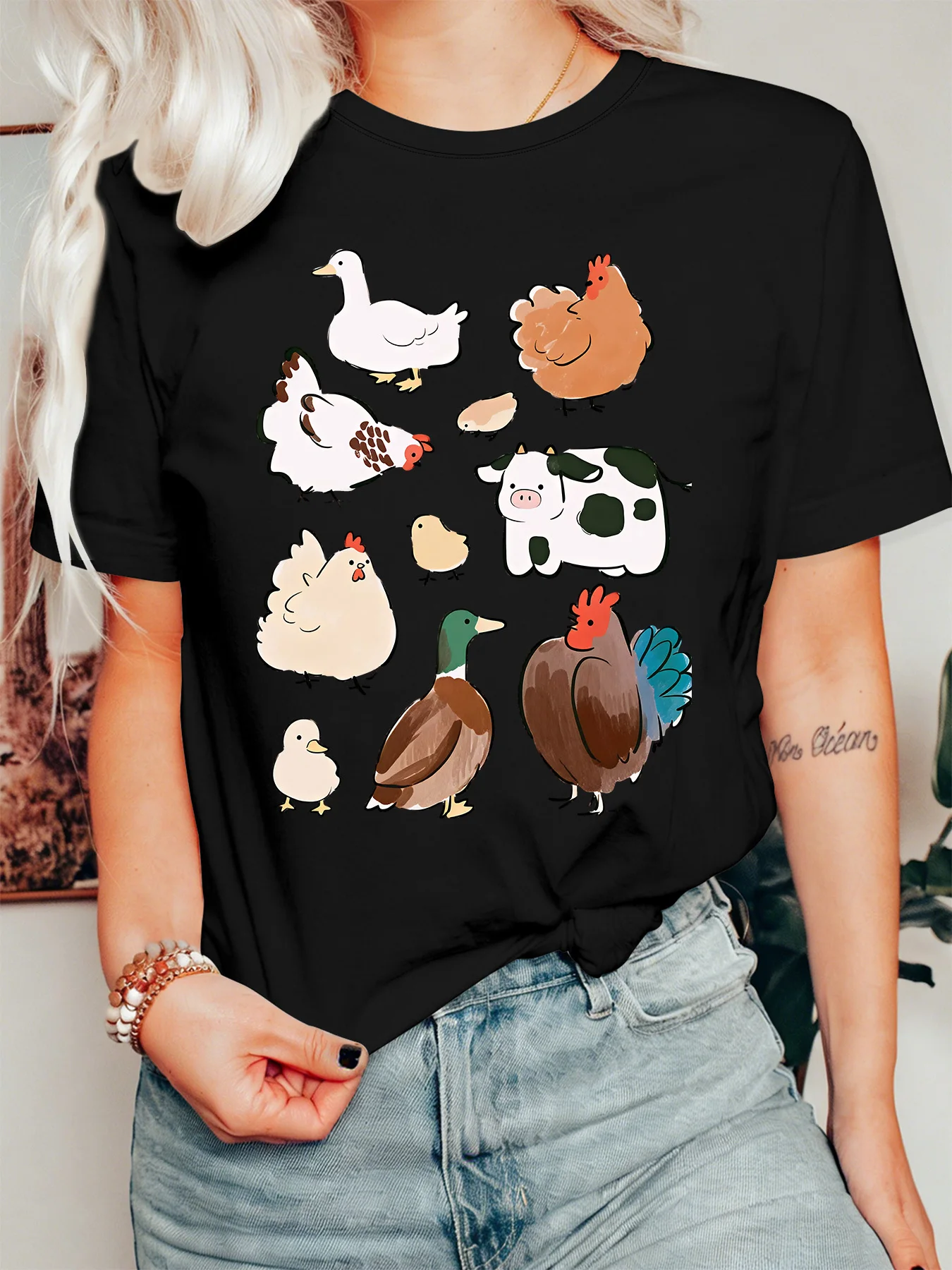 Cute Farm Animal Collection Womens Crew Neck Short Sleeve T Shirt Chicken Duck Cow Rustic Casual Graphic Tees For Ladies