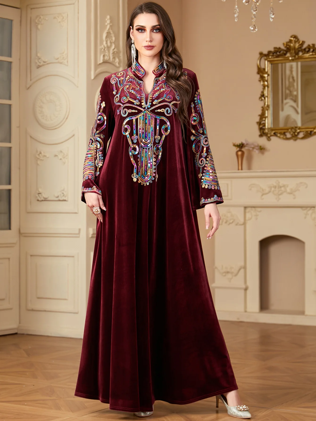 Middle East Morocco Islamic Gold Velvet Bead Rope Embroidery Arab Long Dress Muslim Fashion Autumn/Winter Long Sleeve Dress