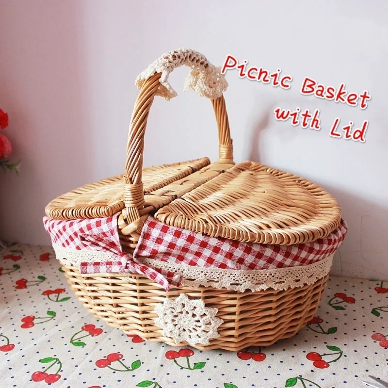 

Retro Wicker Carry-on Handle Storage Baskets Picnic Basket with Lid Fruit Food Basket Home Organization Accessories