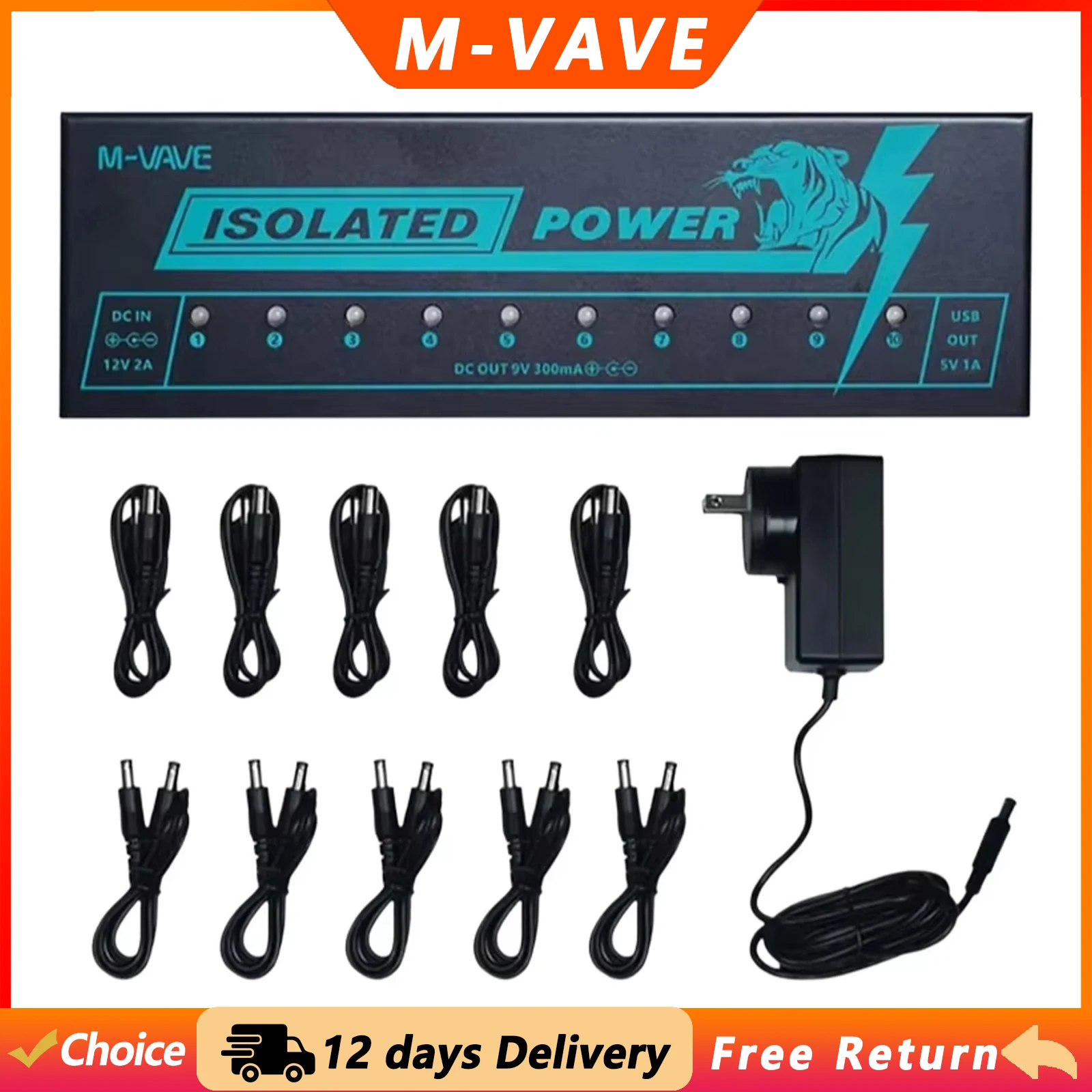 M-VAVE Guitar Effect Pedal Power Supply 10 Isolated DC Outputs 9V 300mA Power Supply Pedal Electric Guitar Accessories Parts
