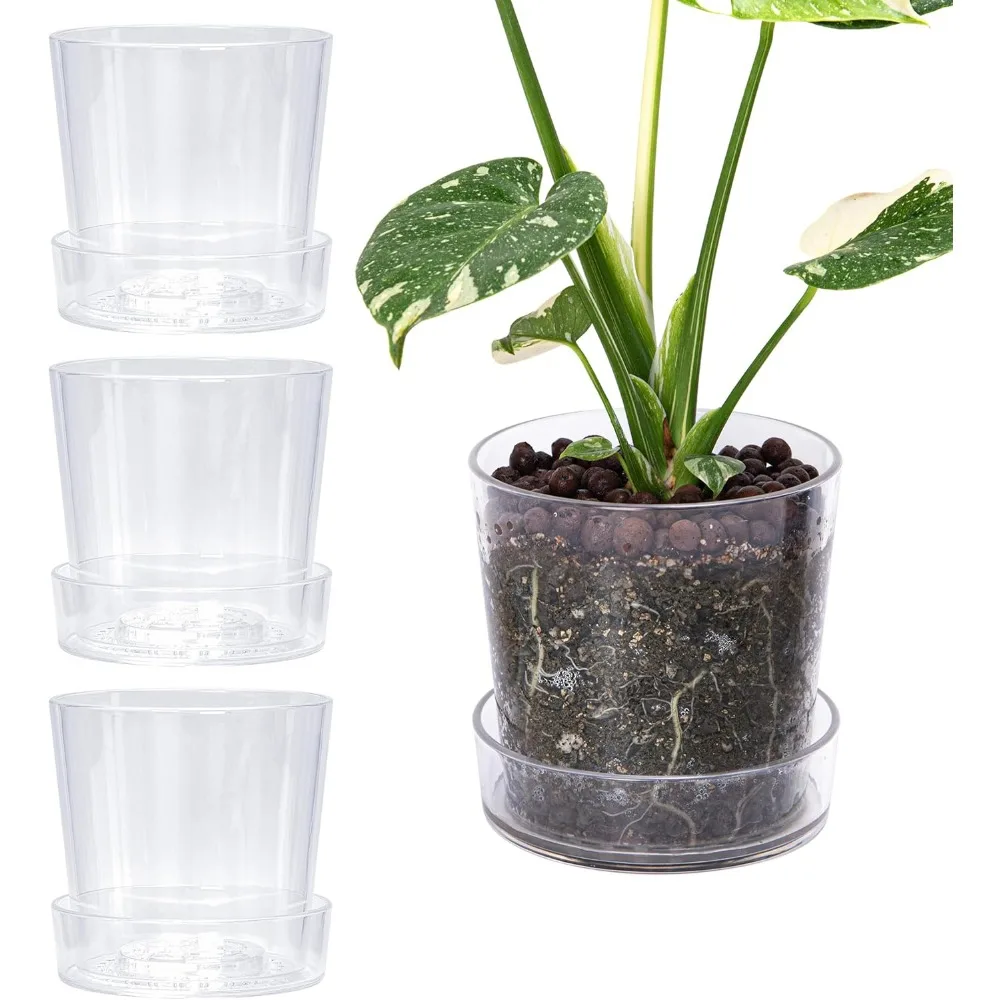 

6.5 Inch Clear Acrylic Plant Pots with Trays, Orchid Pots with Drainage Holes, Set of 4 Transparent Containers for Indoor Plants
