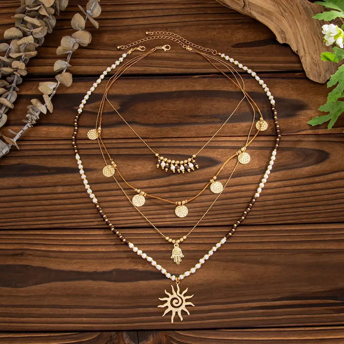 

SHIXIN 2 Pcs/Set Ethnic Multilayer Stacked Beads Chain Necklace for Women Vintage Sequin Sun Pendant Necklace Jewelry on Neck