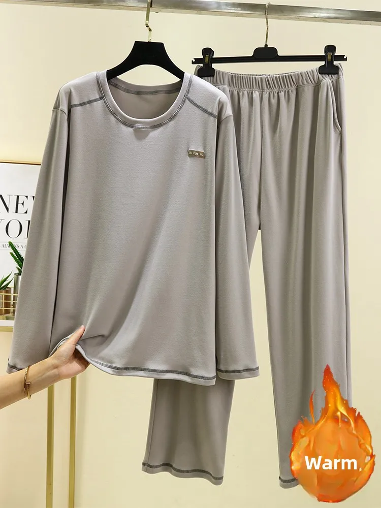 Men's Warmth Velvet round Ne Home Clothes Set Winter Loose Casual Long Sve Long Pants Two-Piece Set Comfortable Spwear