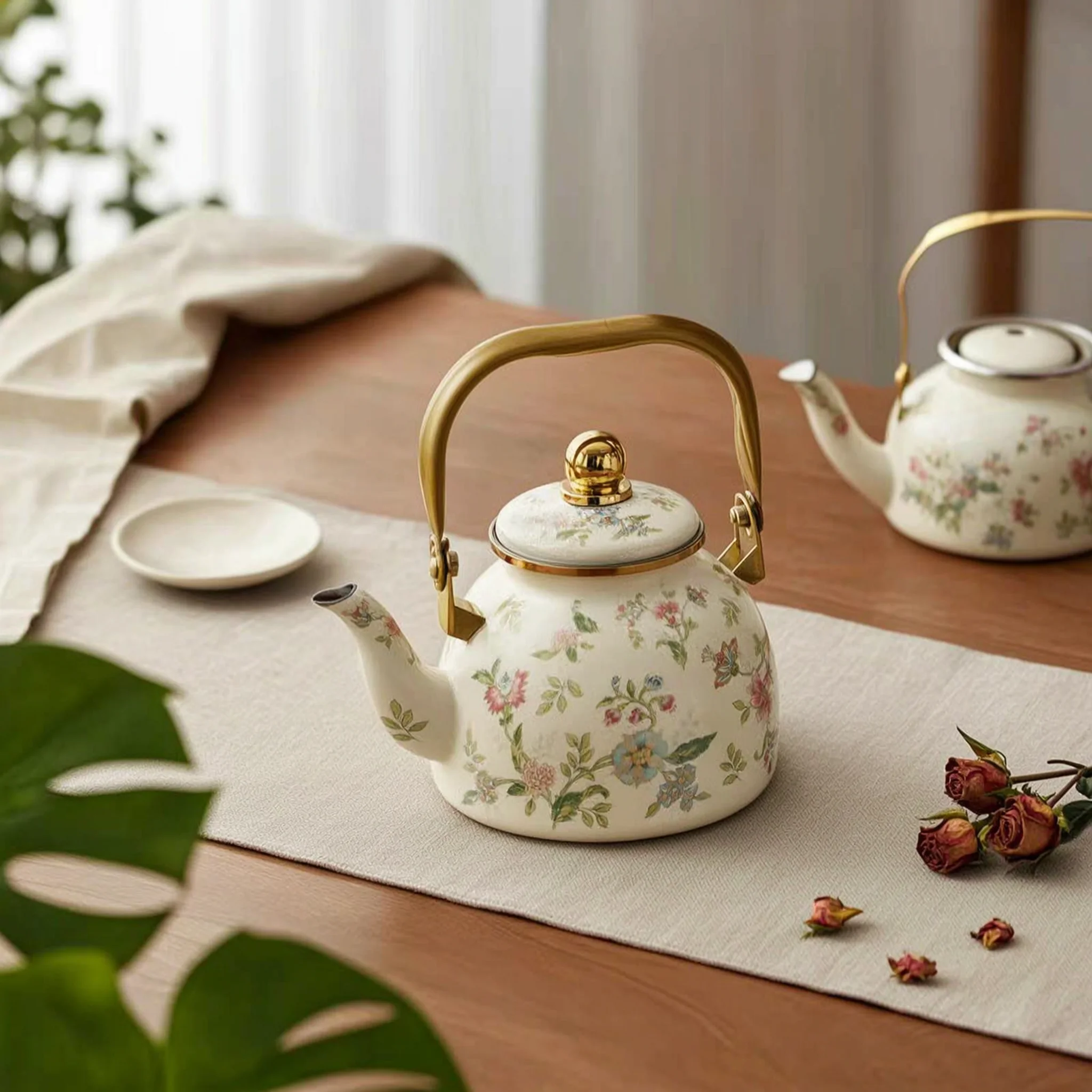 Lidded Enamel Teapot Gold-Tone Trim Mesh Strainer Teapot Tea Infuser Pot Glossy Tableware Enameled Interior