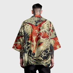 Letnie samurajskie kimono męskie Cosplay stylowy nadruk zwierzęcy Haori Streetwear Kimono japońska moda kardigan Yukata szata w stylu vintage