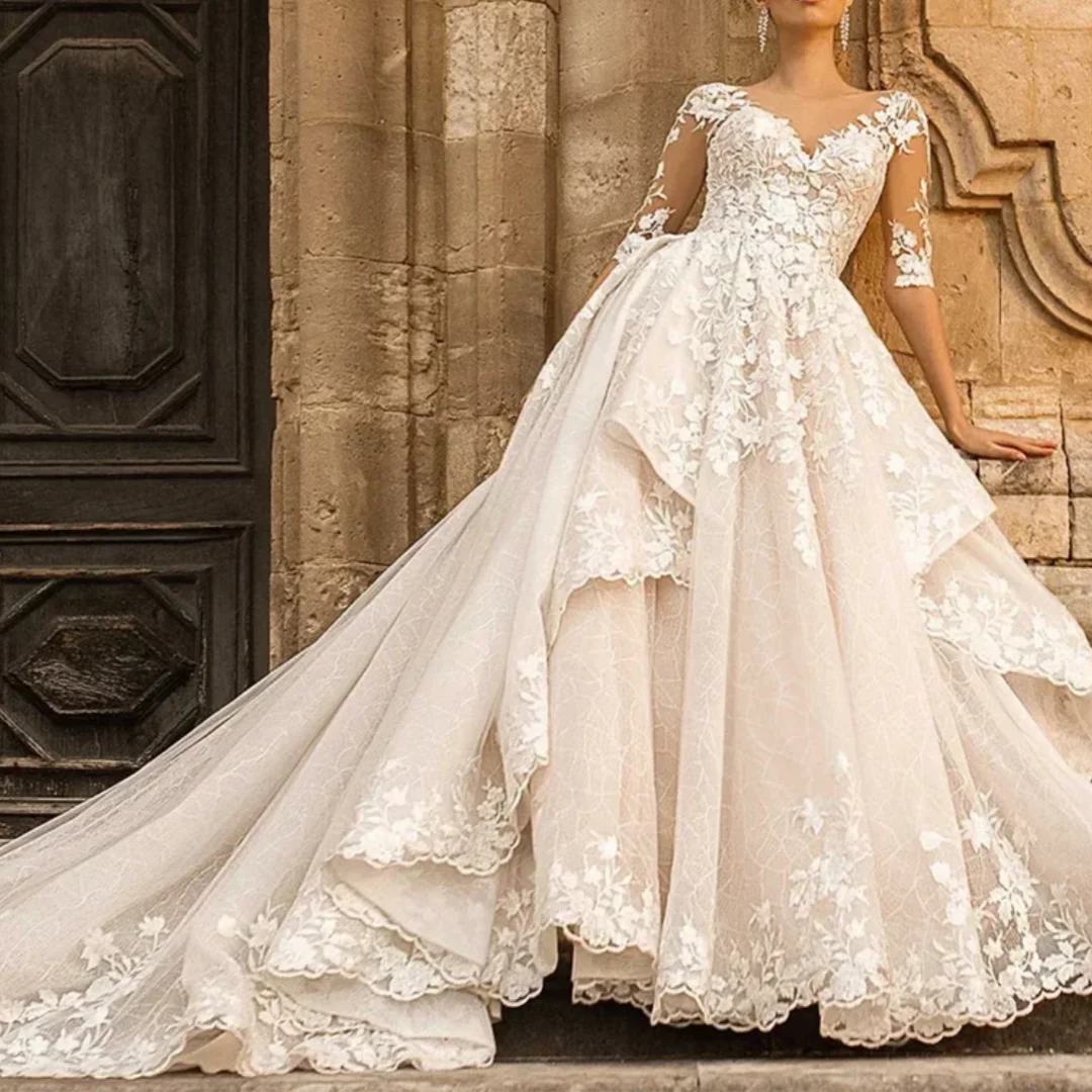 

Новый стиль, пуговицы сзади, половина рукава, бисер, аппликации, кружевное свадебное платье принцессы, халат трапециевидной формы, Vestidos De Novia, по индивидуальному заказу