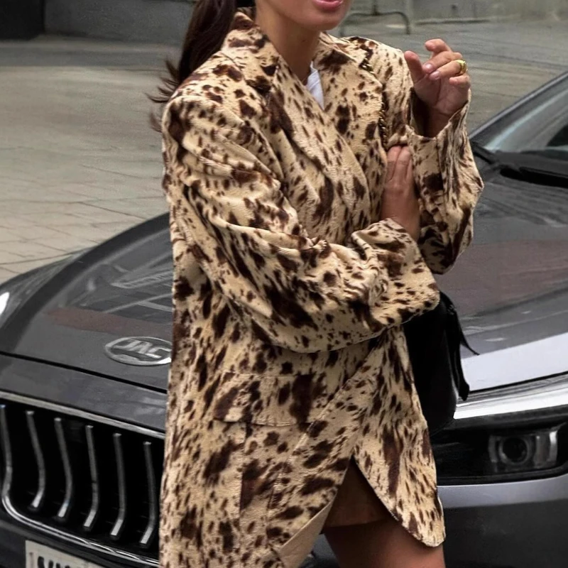 Bruin bedrukte blazer met lange mouwen, Europees en Amerikaans grensoverschrijdend herfstnieuw temperament commuter taillejack