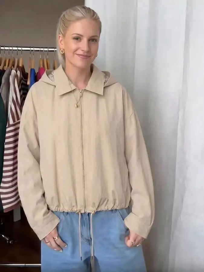 Women Khaki Chic Short Trench Jacket Spring Autumn Female Long Sleeve Zipper Coats Fashion Hoodie Lady Casual Jacket With A Hood