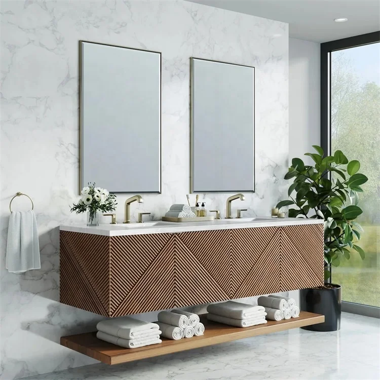 Modern Custom Double Sinks Bathroom Vanity with Smart Mirror Wood Vanities with Carving Shaker with Towel Self Storage