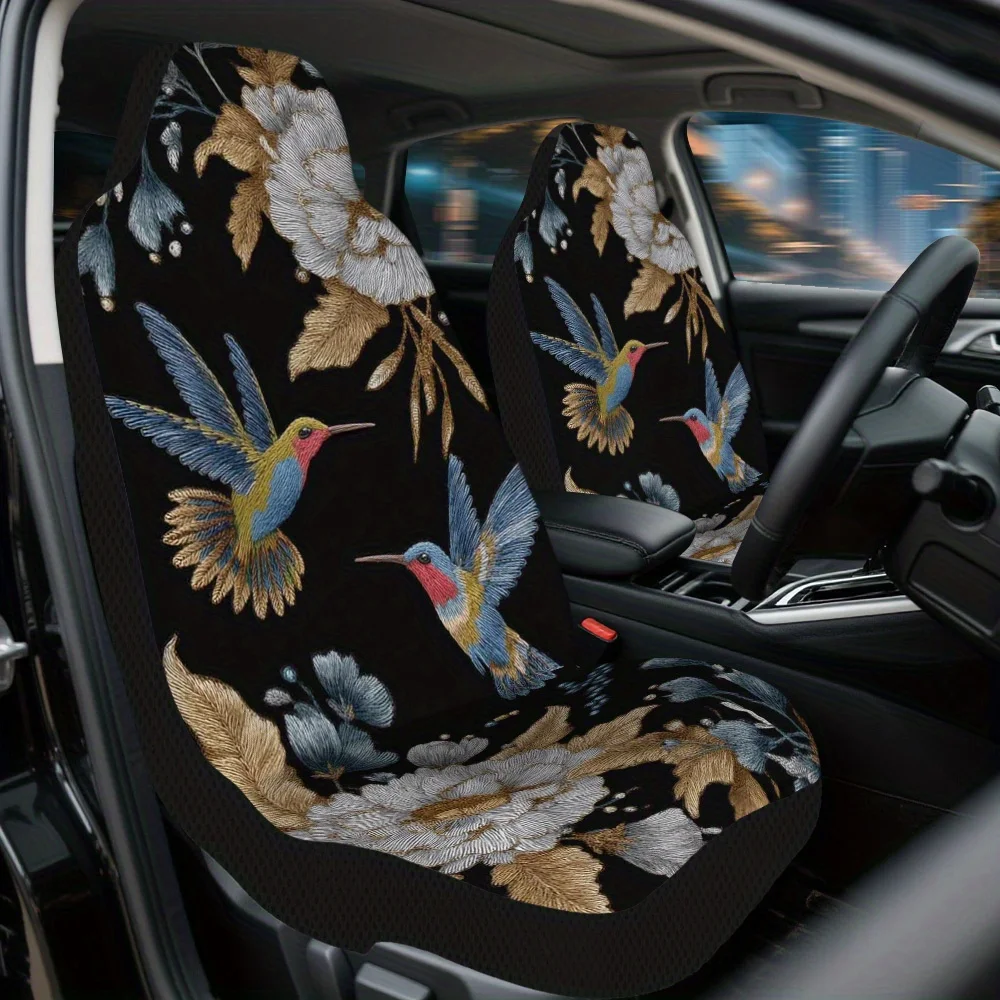 Set Of 2, Car Seat Covers Featuring Hummingbirds And Daisies – Complete Set Of Protectors For Front Seats, Universally Compatibl