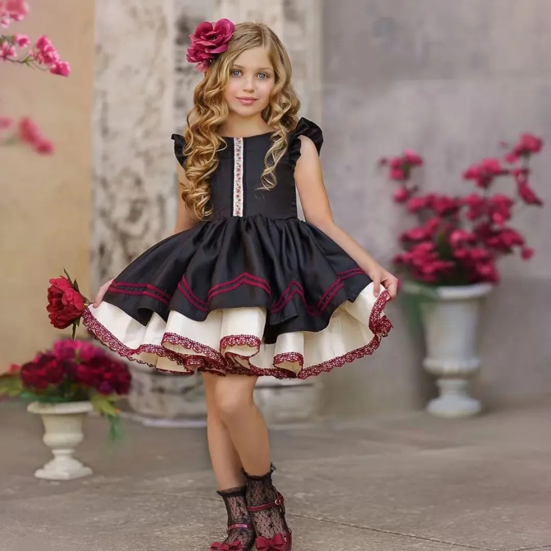 0-12Y Baby Girl Summer Black Embroidery Turkish Vintage Lolita Princess Ball Gown Dress for Birthday Holiday Casual Eid