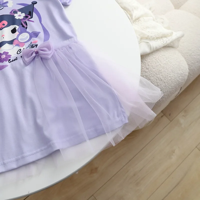 Sanrio-vestido de malla para niñas, falda de princesa, camiseta de manga corta con lazo, dibujos animados, My Melody Kuromi, ropa de regalo, novedad de 2024