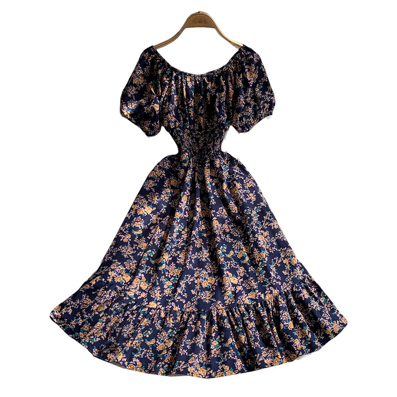 Boho Vintage Blumendruck sexy schulterfreies Midikleid Party Rüschen Frauen Sommer Vestido de Festa Strandurlaub A-Linie Kleid