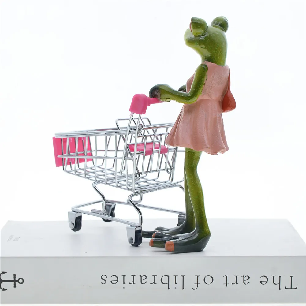 Long Legged Frog Lady Statue Shopping Frog Figurine Small Cart Creative Home Desktop Supermarket Shopping Mall Decorations