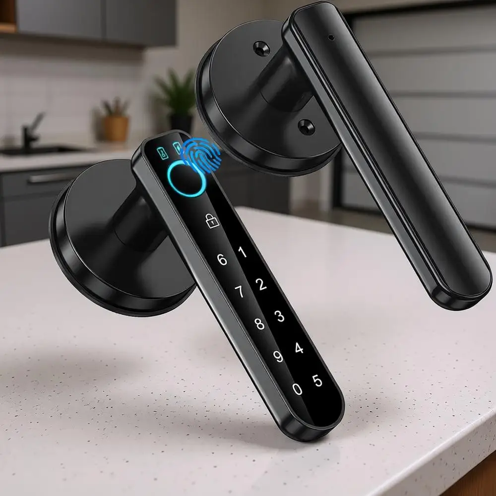 

Умный дверной замок - биометрический, с кодовой панелью, дверная ручка для дома, отеля, офиса (черный, с приложением)