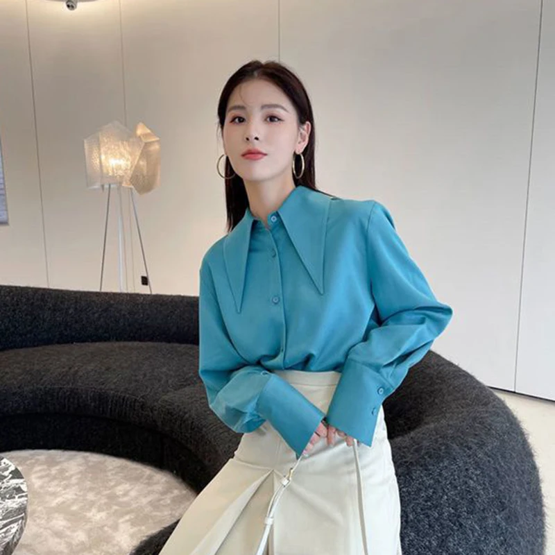 Y2k Women Blue Chiffon Shirts Korean Elegant Loose Pointed Collar Female Casual Blouse Autumn New Chic Office Button Ladies Tops