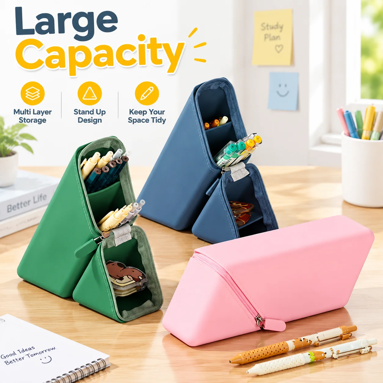 Large Capacity Silicone Pencil Case Multi Layer Storage Pen Holder Triangular Stand Up Desk Organizer Creative School Supply
