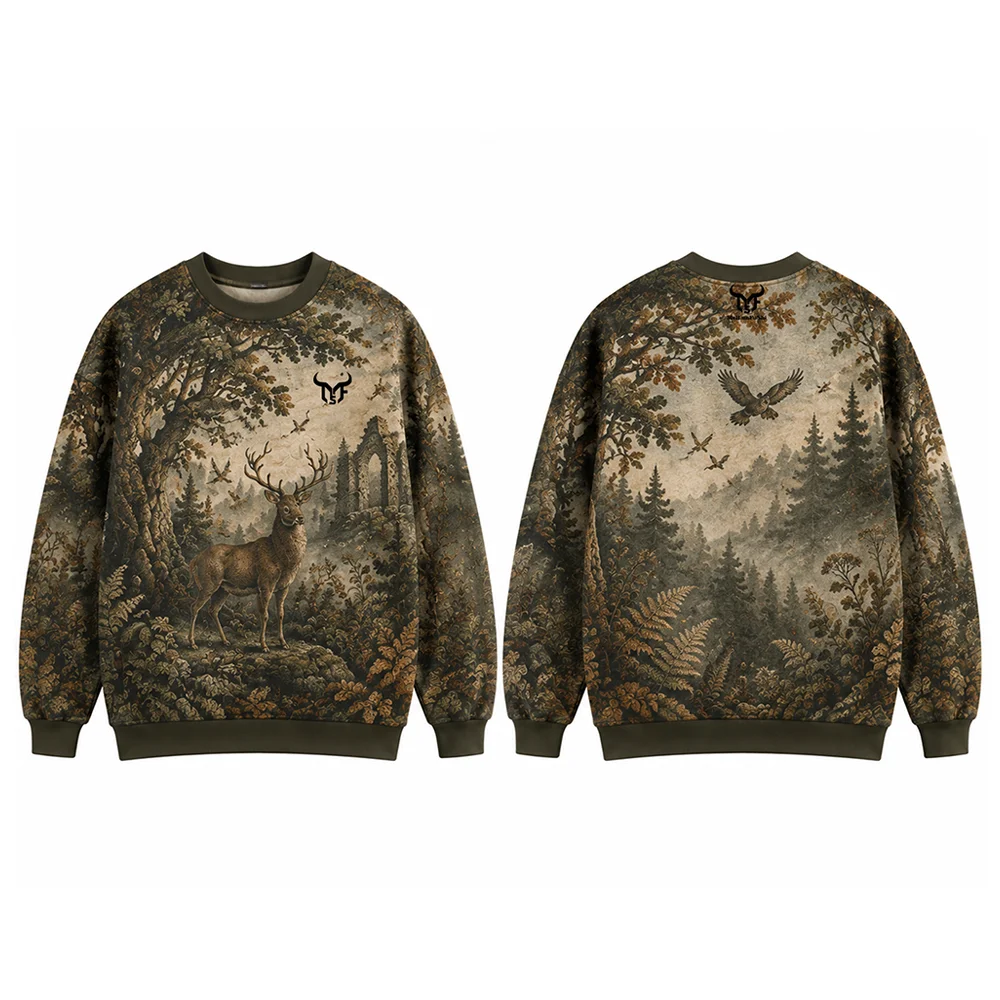 Vintage Forest Deer Graphic Sweatshirt Autumn Crew Neck Long Sleeve Pullover Tops Outdoor Camping Daily Loose Casual Clothing
