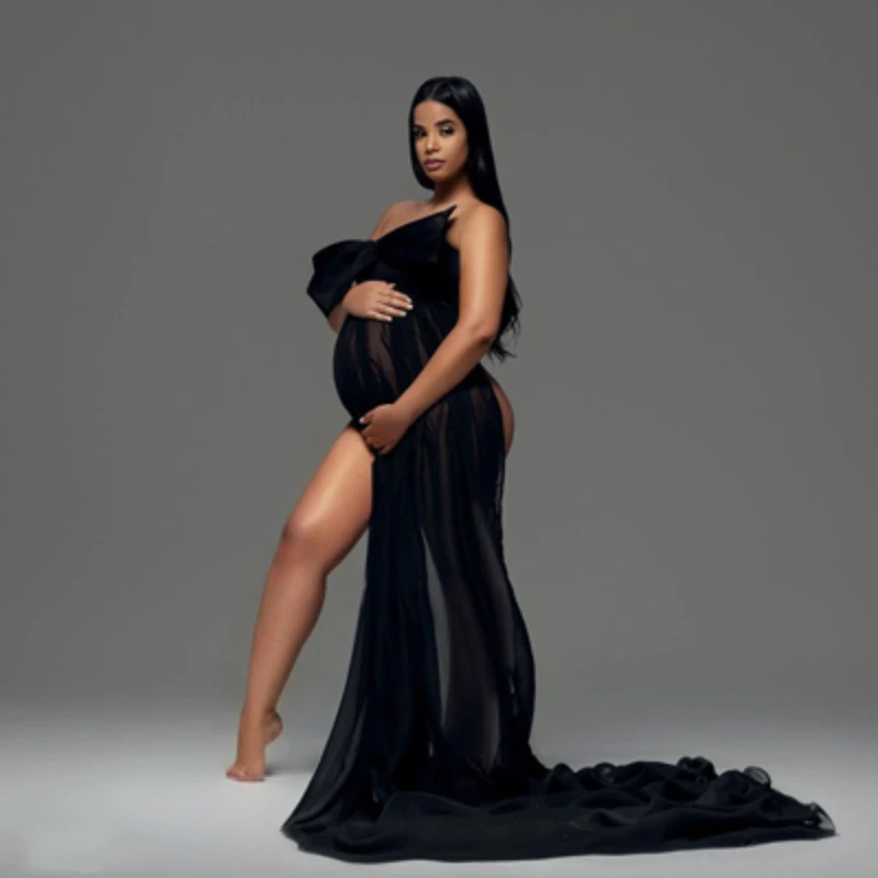 

Sexy Black Maternity Photography Props Tulle Maternity Robes Sheer SeeTulle Maternity Dress Women With A Bow Dressing Gown