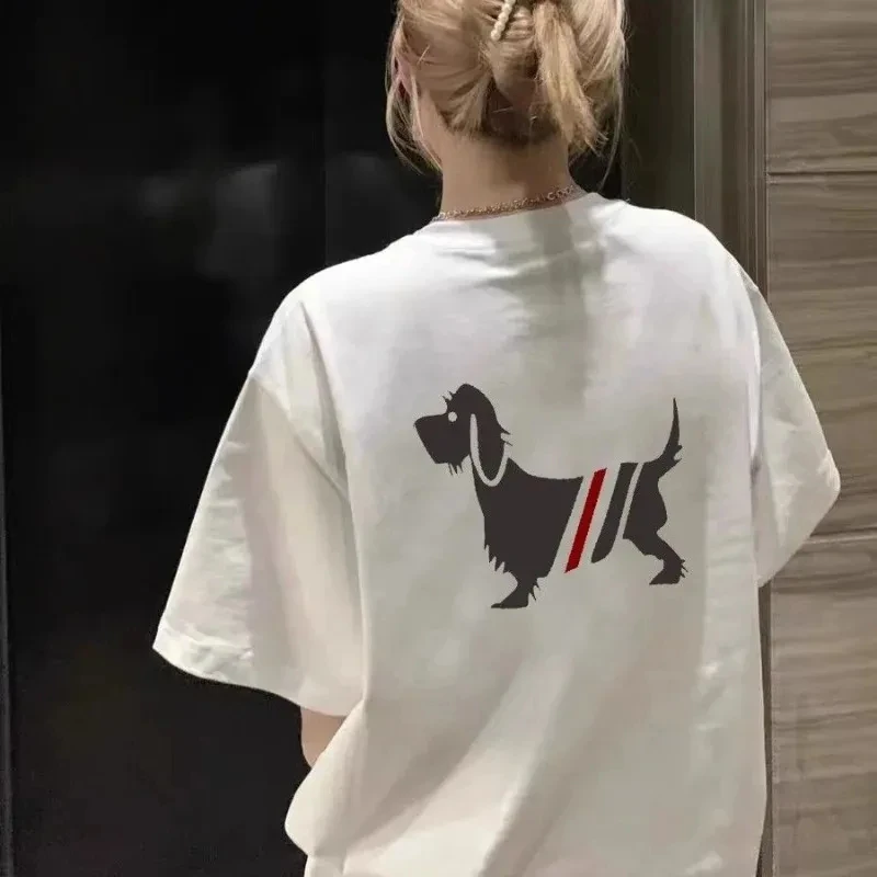 New Fashion Strip Puppy Cartoon Fun Printed Women\'s Cotton T-shirt Retro Personality Top Fashion Casual Couple Y2k Tops T-shirt