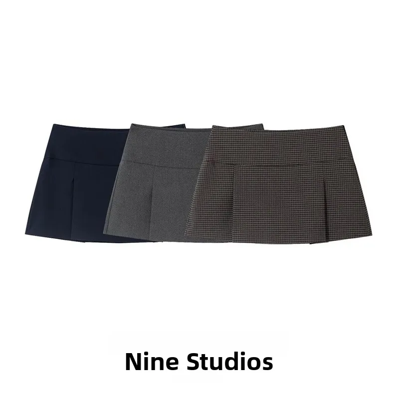 Fashionable Plaid Wide Pleat Skirt Versatile Women's Clothing NINE ZAR A-Line Skirt Midi Short Skirt Stylish Design
