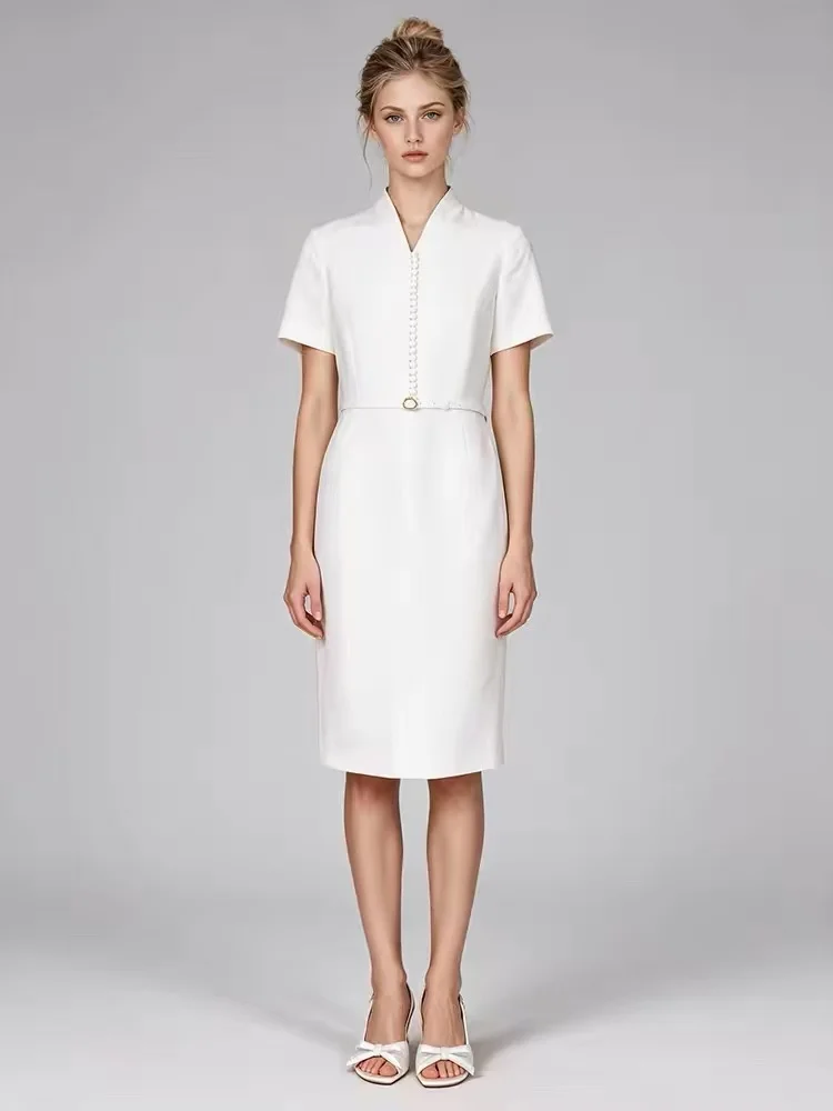 Elegant Silk Wool Blend Women Midi Pencil Dress Stand V Neck Short Sleeve With Belt Office Formal Dress White