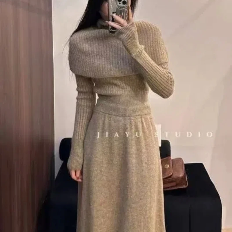 Three Piece Fashion Set a Complete Set of Knitted Sweaters Women\'s New Chinese Style Woolen Dresses High Necked Dresses