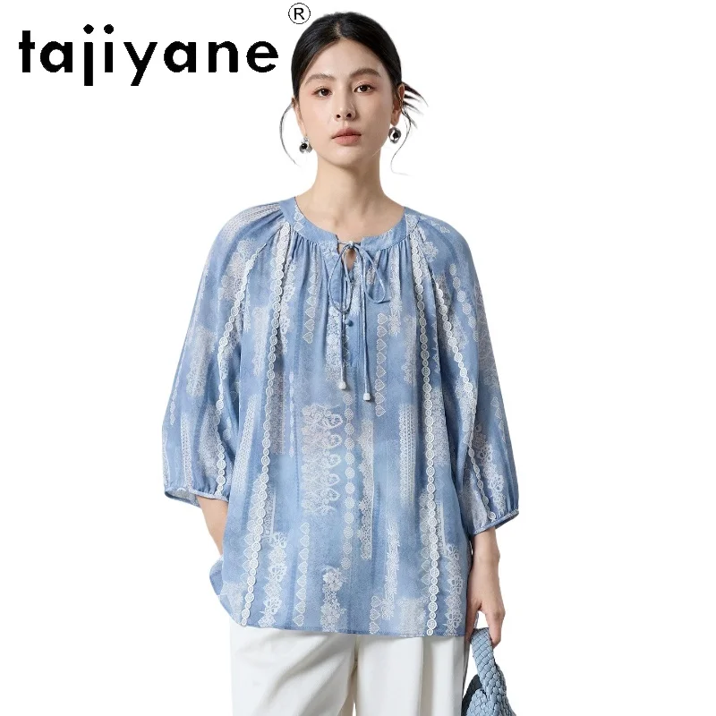 

TAJIYANE 15MM 100% Real Mulberry Silk Shirts for Women Elegant Blue Printed Blouse Casual Spring Tops Woman Clothing 2026 자라여성의류