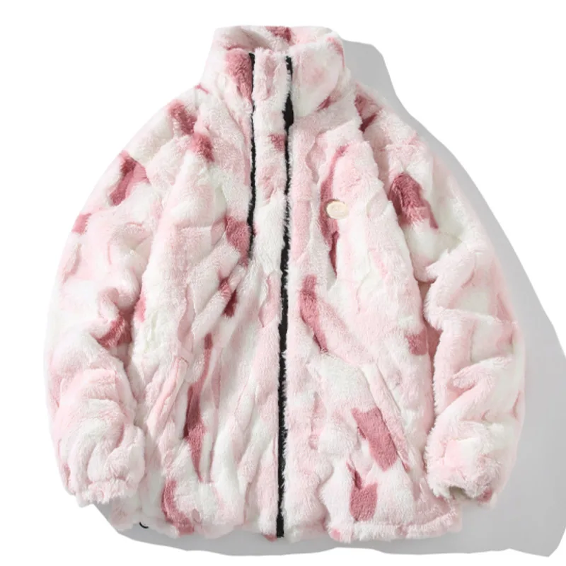 Men Winter Faux Fur Coat Tie Dye Gradient Imitation Rabbit Fur Jacket Harajuku Casual Loose Thick Outwear Zipper Lamb Fleece Top