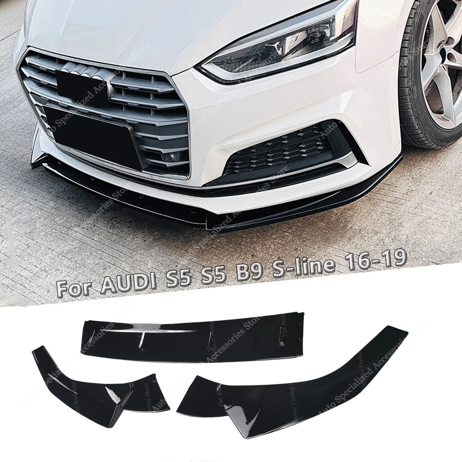 Gloss Black ABS Front Bumper Lip Spoiler Splitter Diffuser Retrofit For AUDI S5 A5 B9 8W S-Line 2016-2019 Pre-Facelift Bodykits