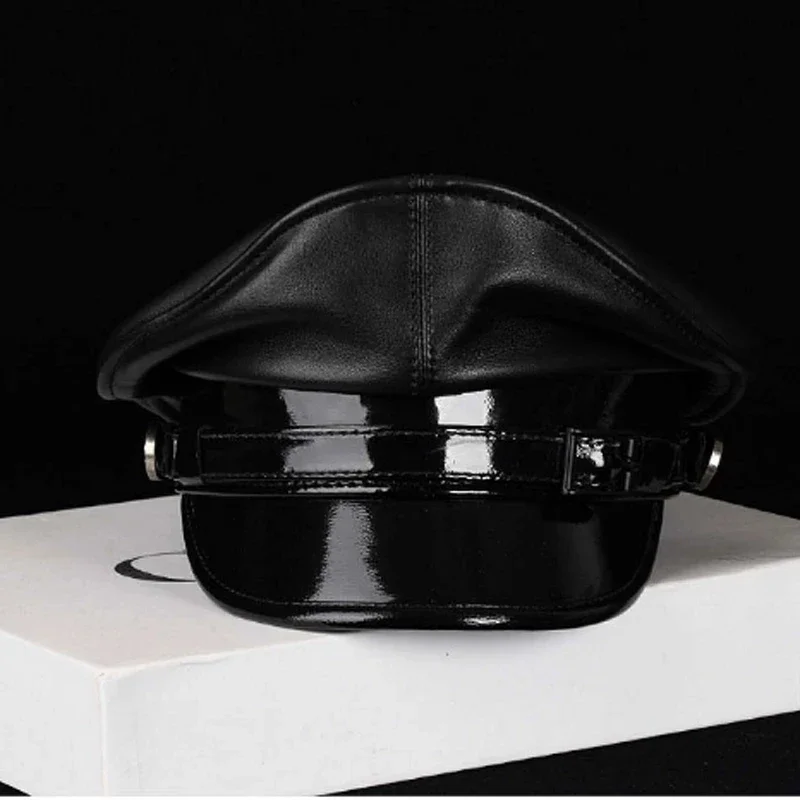 Deluxy Patent Leather Hat For Men European American Black Cadet Hat German Motorcycle Flat Top Captain Caps With Windbreak Belt