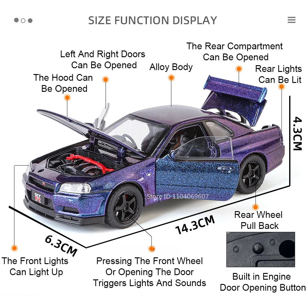Maßstab 1:32 SKYLINE GTR R34 Sportwagenmodell Spielzeug Metalldruckguss Zurückziehen Supercar-Modelle Sound Licht Ornamente Kinder Erwachsene Geschenke – Detail 6