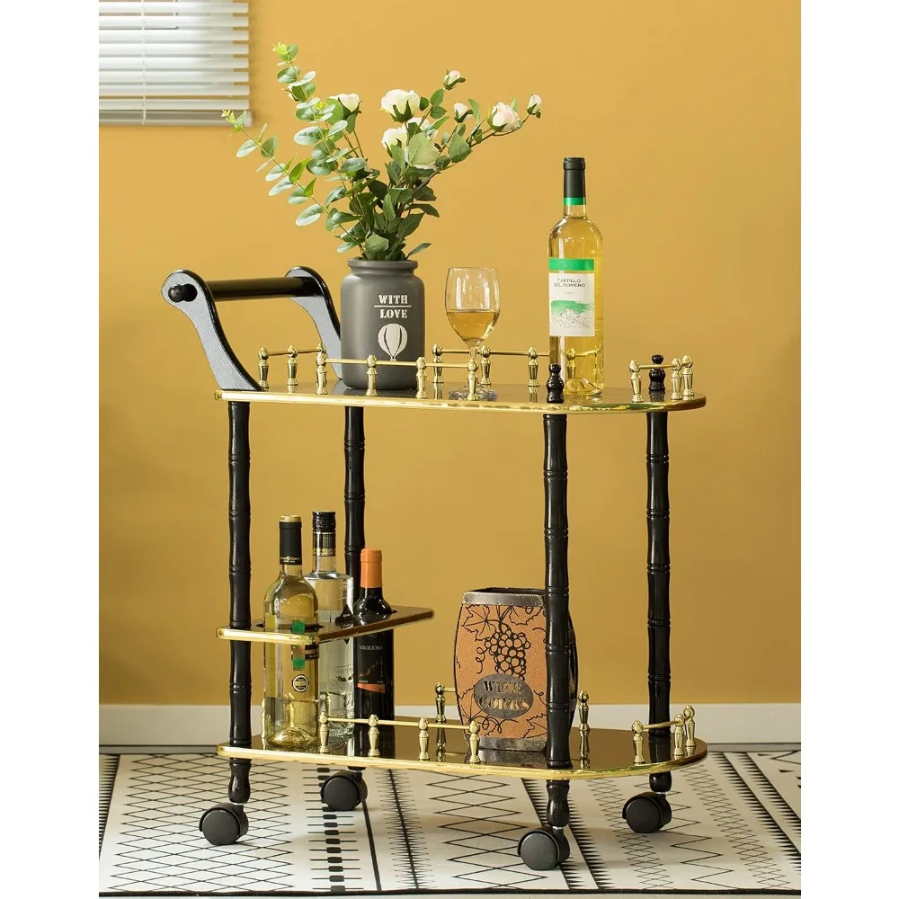 

Bar Cart Tea Trolley with 2 Tier Shelves&Rolling Wheels, Mobile bar handcart suitable for parties and dinners, Kitchen Handcart