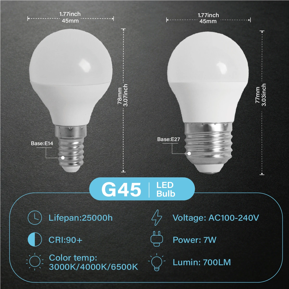 G45 Full Spectrum LED Bulb E14 E27 Base, AC100-240V,CRI90 High Color Render Eye Care Decor Lamp for Indoor Ambient Lighting