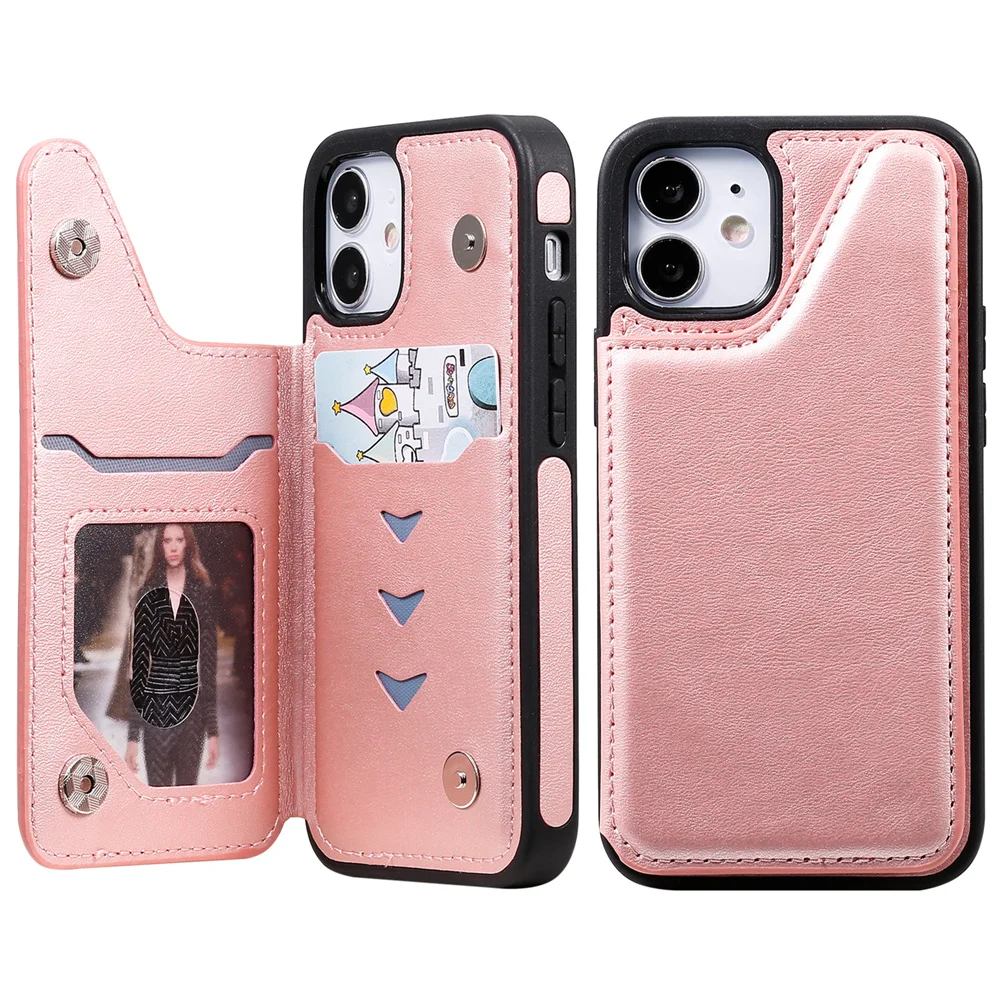 

Luxury Calfskin Card Pocket Bracket Leather Case for iPhone 12 Mini Shockproof Magnetic Buckle Kickstand Protective Case