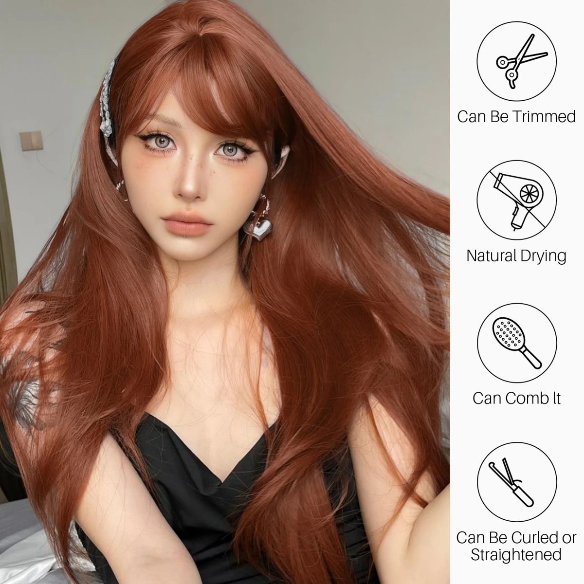 Reddish Brown Straight Layered Synthetic wig with Bangs Long hair Copper Ginger Wig for Women Daily Use Heat Resistant Wigs