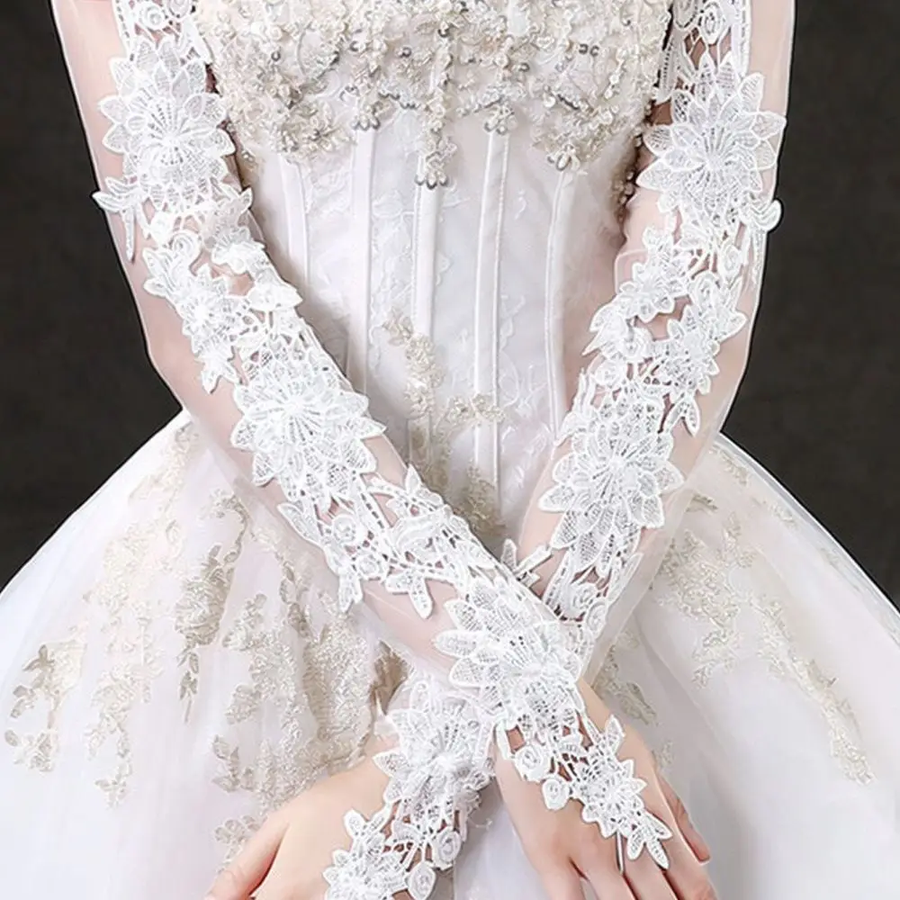 White Lace Wedding Gloves Long Bridal Sleeves Sheer Mesh Hollow Out Breathable Formal Party Hand Accessory