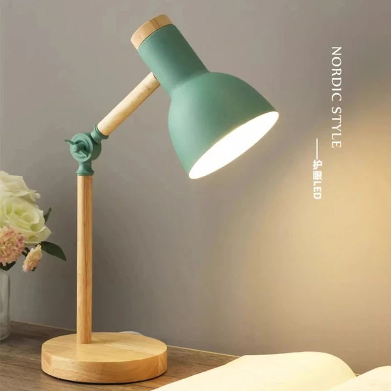 Creative Nordic Table Lamp Wooden Art LED Turn Head Simple Bedside Desk Light/Eye Protection Reading&Bedroom Study Lamp