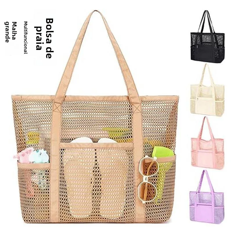 大型メッシュビーチバッグ-レディース-ハンドヘルド-シングルショルダー-クロスボディ-スイミング収納バッグ-水着収納-アウトドアビーチバッグ