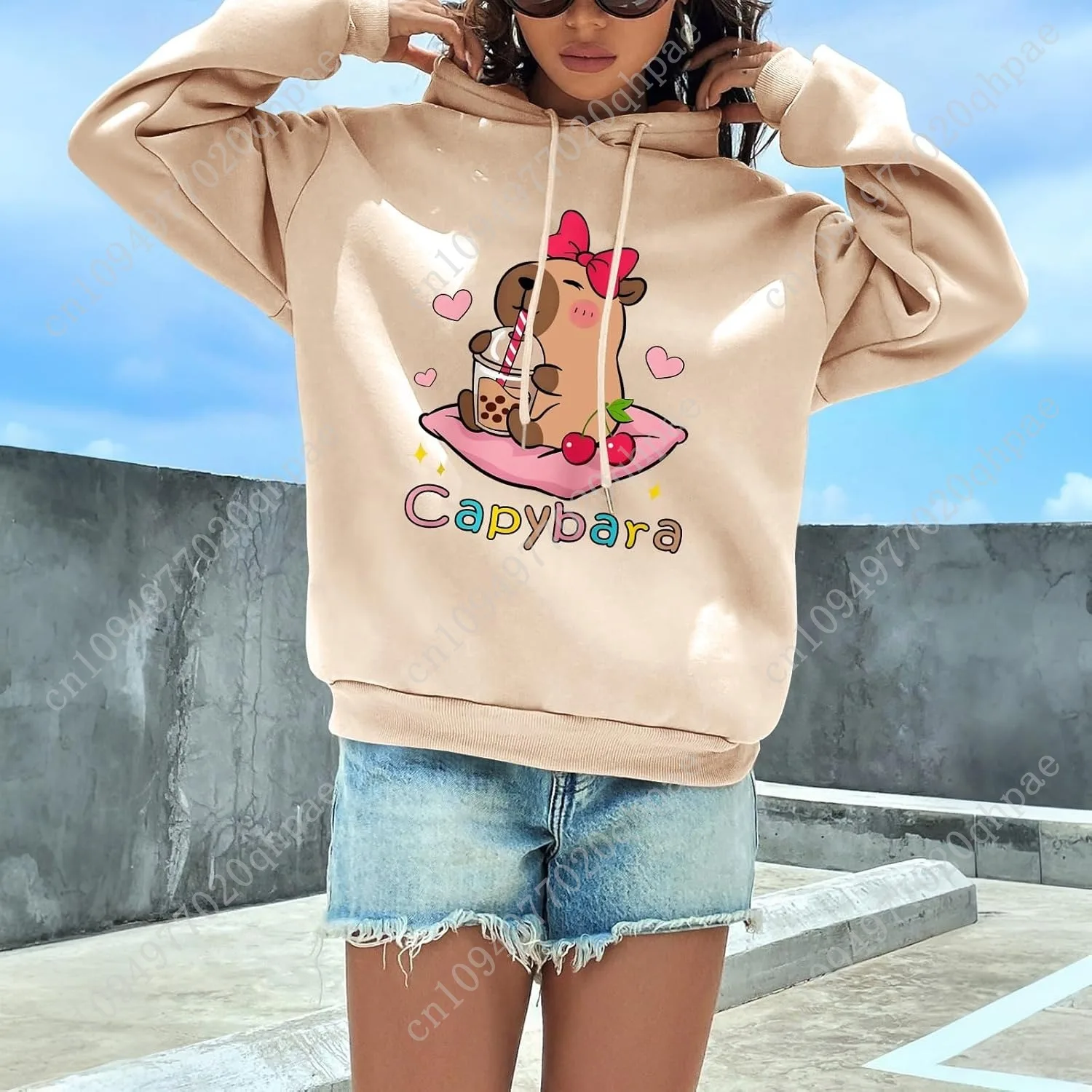 لطيف كابيبارا الجرافيك هوديس للفتيات في سن المراهقة Kawaii الكرتون المطبوعة هوديي أنيمي مقنعين البلوز كنزة صوف #4