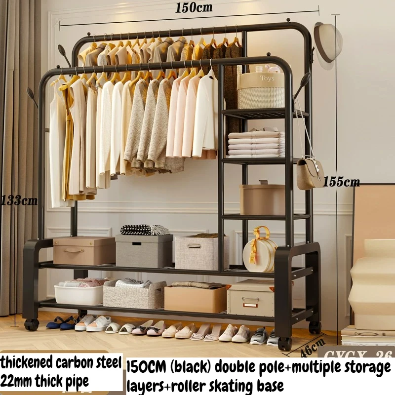 150cm Black Double Rod Clothes Rack With Wheels Multi-Tier Storage Hanger Shelves Organizer For Bedroom Living Room Furniture
