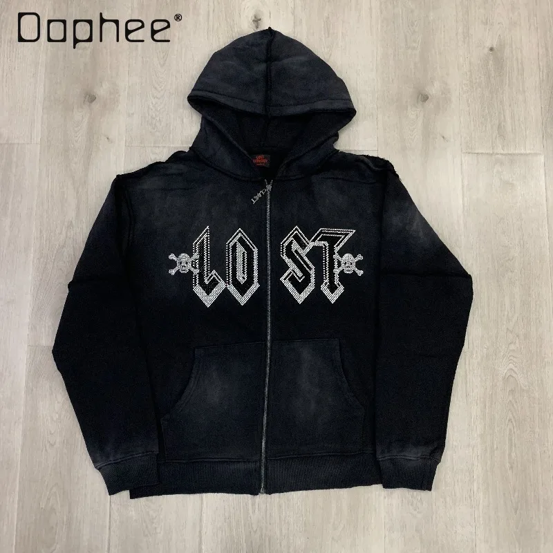 American High Street Fashion Washed Rhinestone Vintage Distress Hoodies Sweatpants Two-piece Set Men Clothing Trendy Pants Set