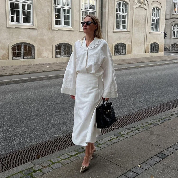 

White 2 Pieces Set For Woman Fashion Loose White Women Elegant Long Sleeve Blouse With High Waist Ankle Length Skirt Set Female